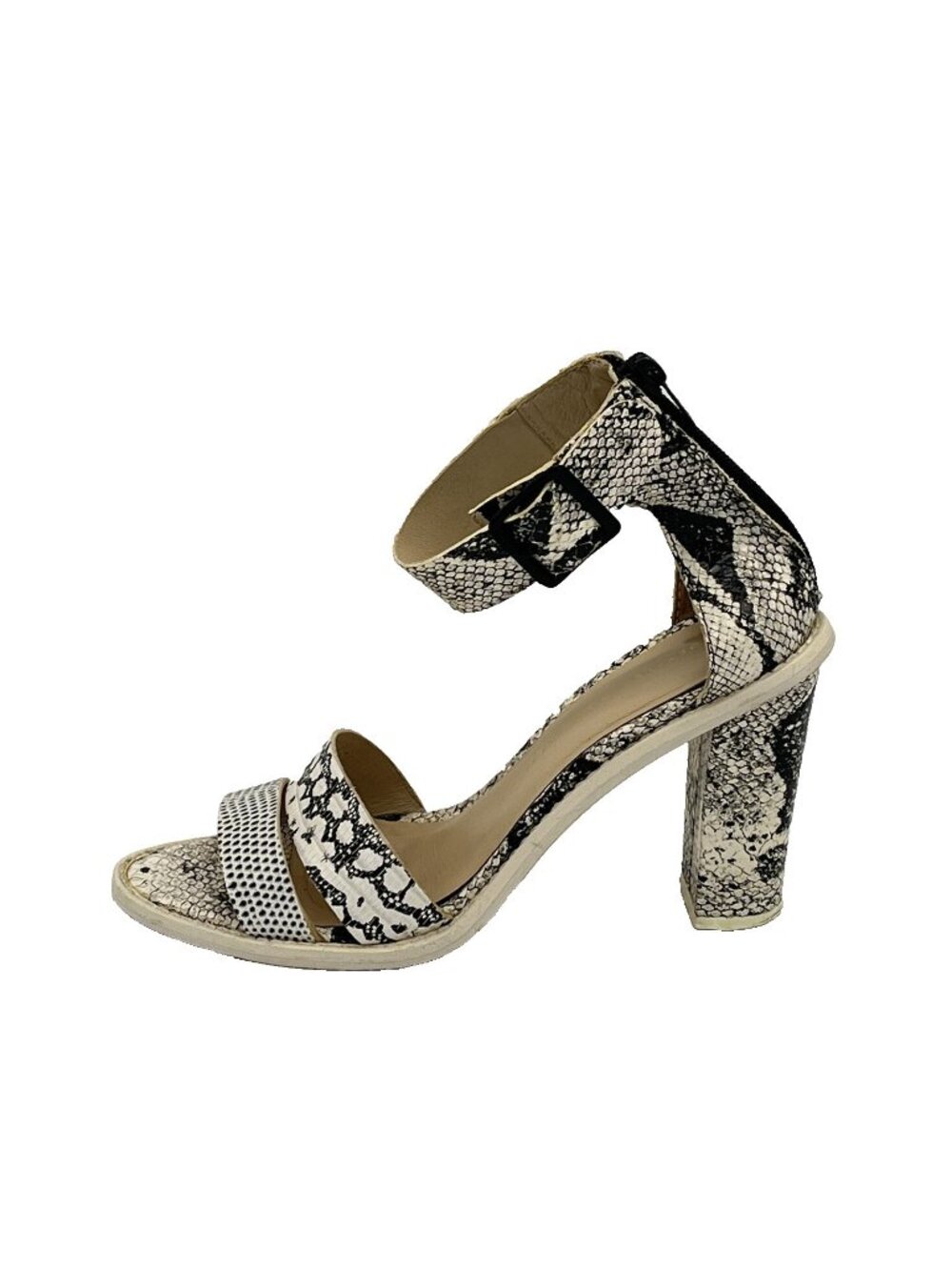Loeffler Randall Snakeskin Embossed Leather Block Heel Sandals Ankle Strap 7.5